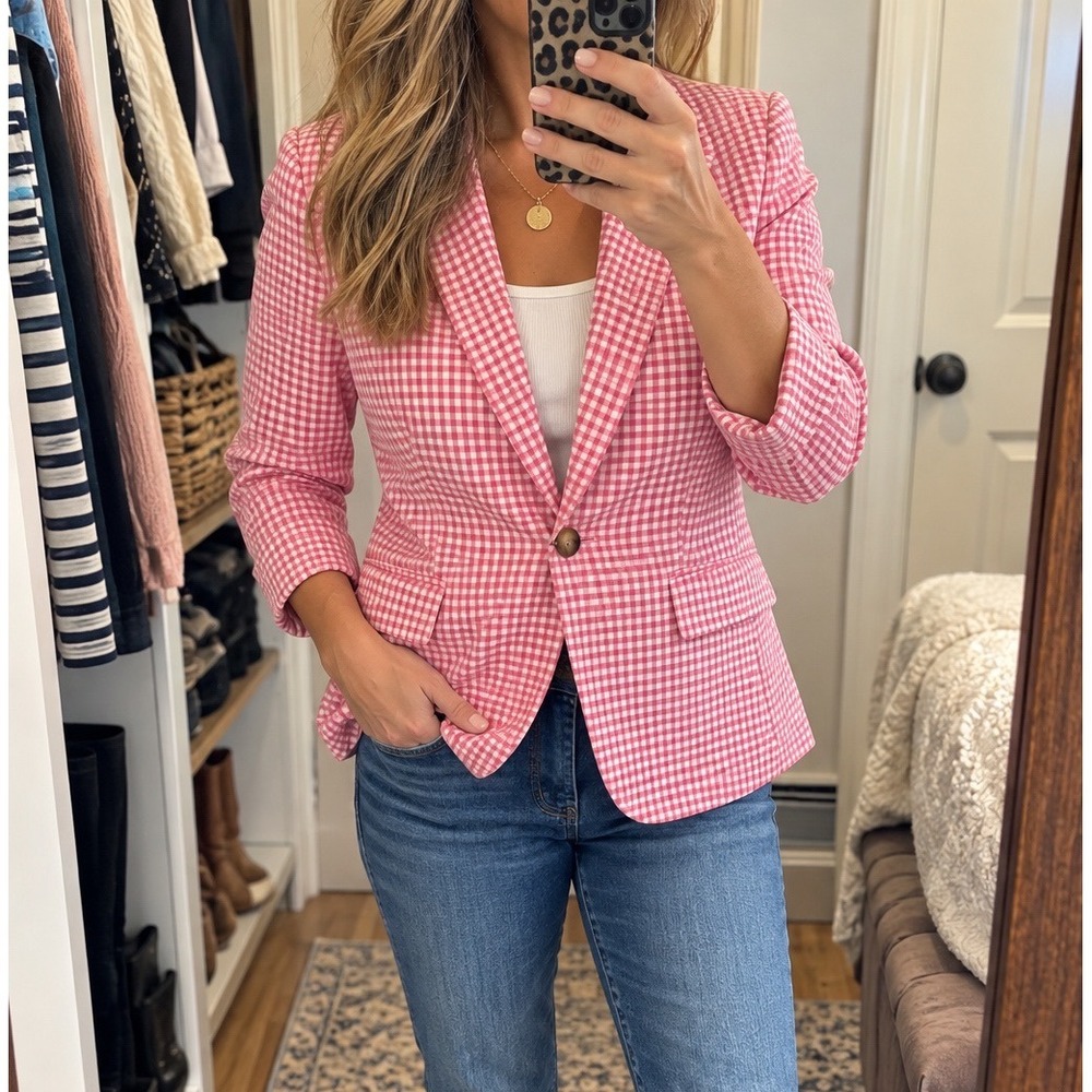 Talbots Pink White Gingham Blazer Size 12 One Button Preppy Jacket